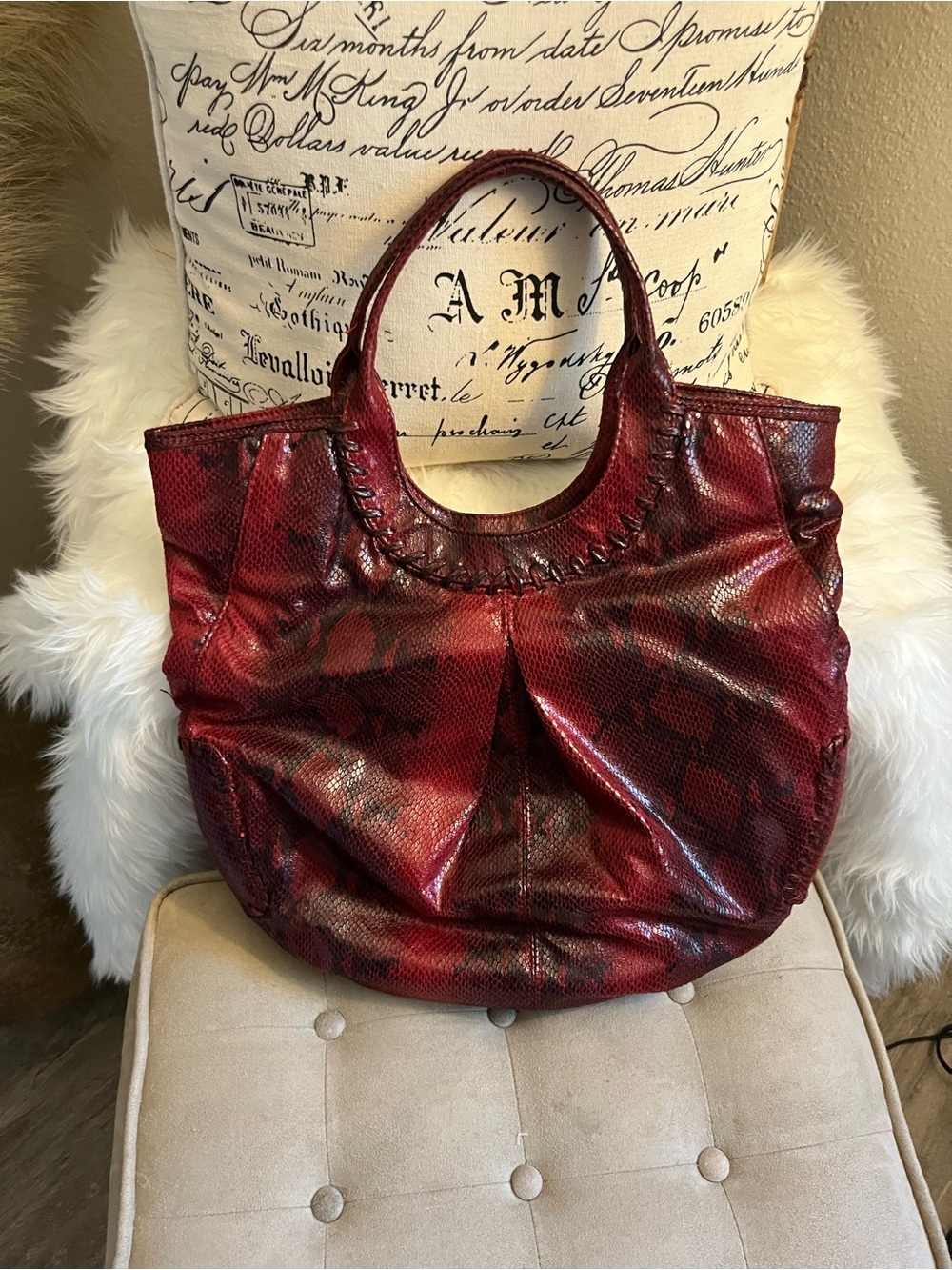 Chico's Red Faux-Snakeskin Tote Handbag